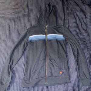 Aviator Nation Charcoal Zip-Up Sweater with Blue Stripes